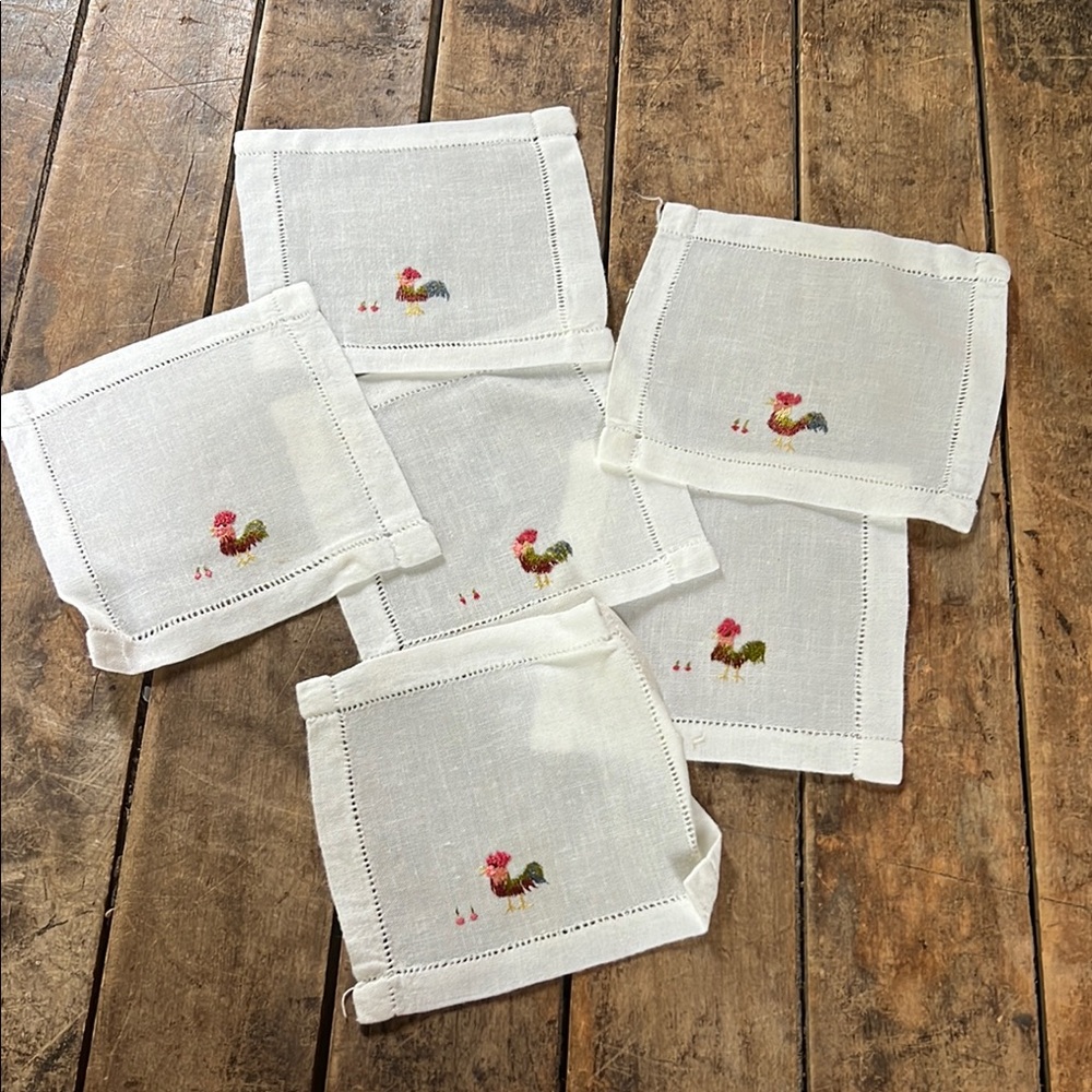 Vintage Embroidered Rooster cocktail Napkins